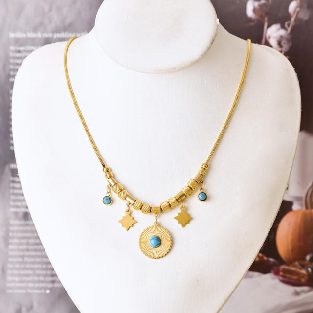 Vintage turquoise stone black stone statement stainless steel necklace bracelet suit