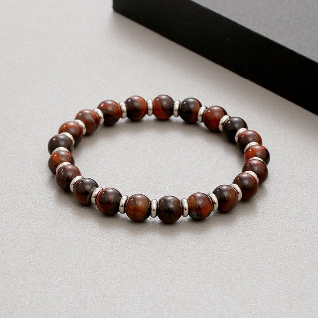 Natural stone geometric beaded bracelet 8mm tiger eye stainless steel beaded bracelet for men women