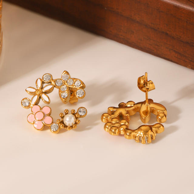18K Gold Stainless Steel Butterfly Inlaid Zircon Pearl enamel earrings