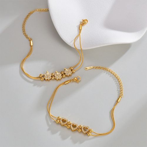 Delicate diamond clover heart two layer snake chain stainless steel bracelet