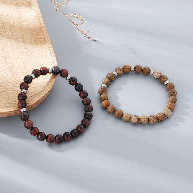 8mm natural stone bead stainless steel bead bracelet for men women