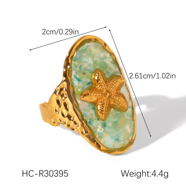 Marine Style Stainless Steel Epoxy Broken Shell Necklace Starfish Open Ring jewelry suit