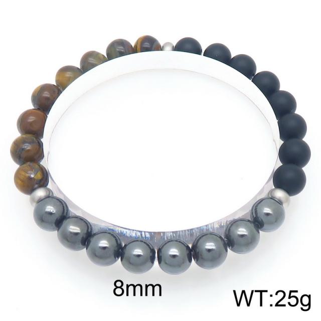 8mm natural stone bead stainless steel bead bracelet for men women