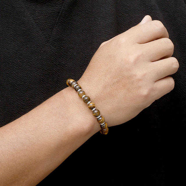 Natural stone geometric beaded bracelet 8mm tiger eye stainless steel beaded bracelet for men women