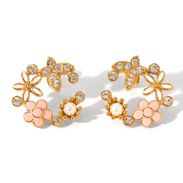 18K Gold Stainless Steel Butterfly Inlaid Zircon Pearl enamel earrings