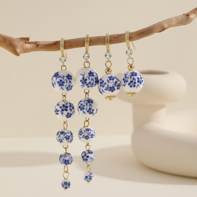 2025summer new blue white ceramics beads long earrings dangle earrings