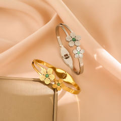 Vintage natural stone inlaid flower design stainless steel bangle bracelet