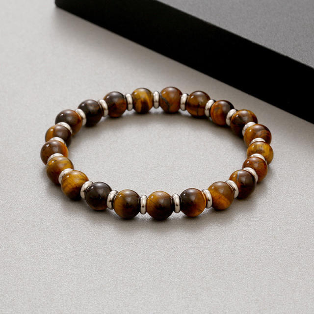 Natural stone geometric beaded bracelet 8mm tiger eye stainless steel beaded bracelet for men women