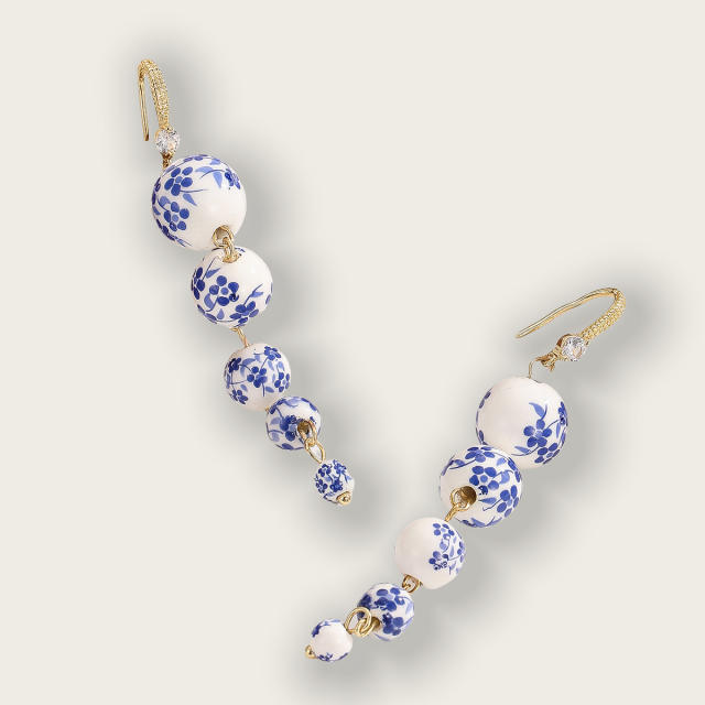 2025summer new blue white ceramics beads long earrings dangle earrings