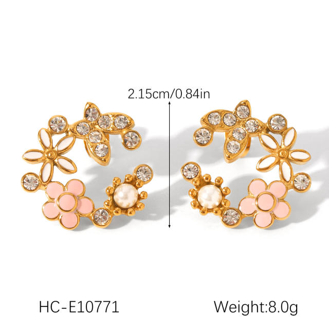 18K Gold Stainless Steel Butterfly Inlaid Zircon Pearl enamel earrings