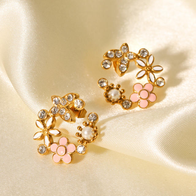 18K Gold Stainless Steel Butterfly Inlaid Zircon Pearl enamel earrings
