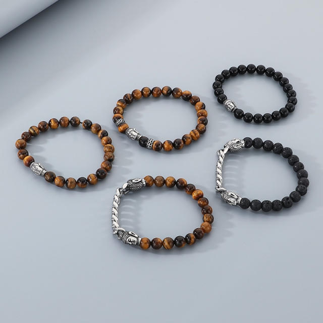 Men's Bracelet Volcanic Tiger Eye Stone Beaded Elastic Bracelet Buddha Head Bracelet