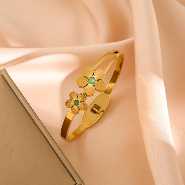 Vintage natural stone inlaid flower design stainless steel bangle bracelet