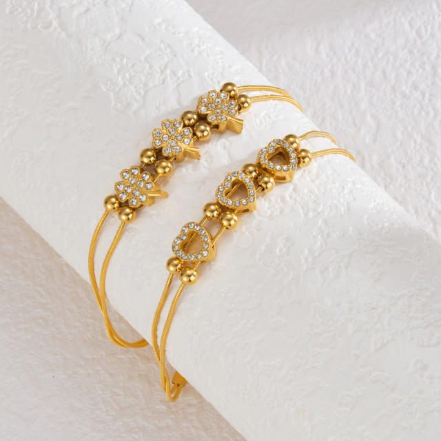Delicate diamond clover heart two layer snake chain stainless steel bracelet