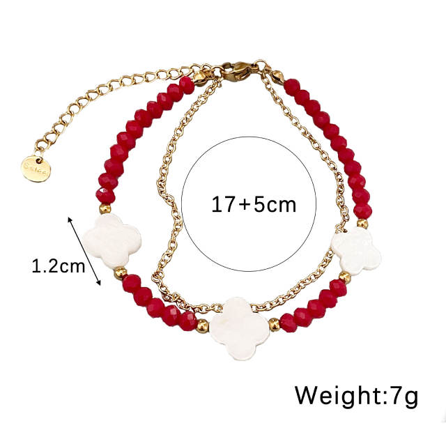 Shell Four-leaf Clover Beaded Bracelet Double-layer Colorful Beads Stainless Steel bracelet for women