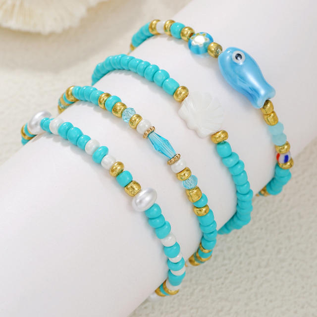 Bohemian Beach Vacation Bracelet Summer Ceramic Fish Shell Rice Bead Bracelet Multi-Layer Stacked Bracelet