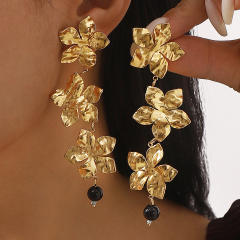 Popular stereo flower stainless steel earrings long earrings