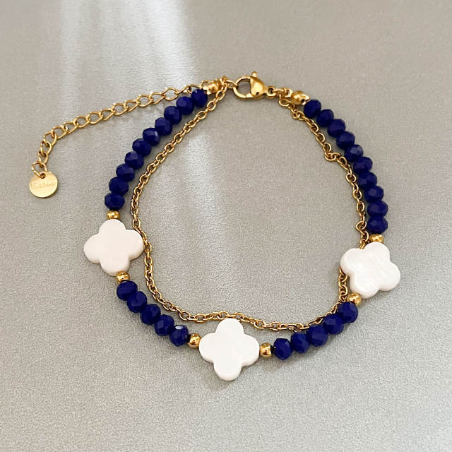 Shell Four-leaf Clover Beaded Bracelet Double-layer Colorful Beads Stainless Steel bracelet for women
