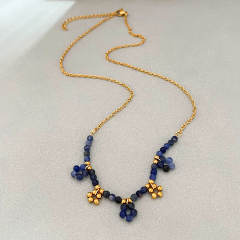 Stainless steel blue striated stone necklace bracelet suit
