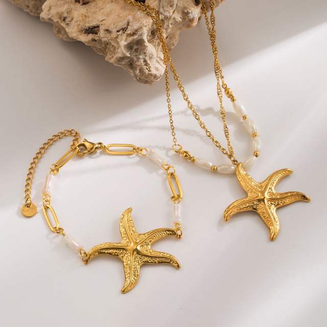 Summer marine series starfish pendant stainless steel necklace bracelet suit