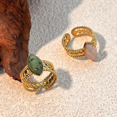 Vintage horse eye shape natural stone statement stainless steel rings