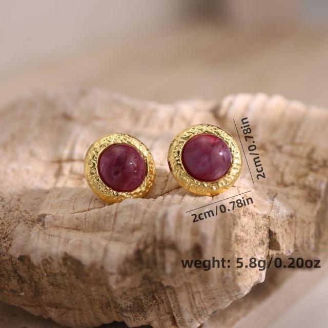 18K plated round shape natural stone bead stainless steel earrings