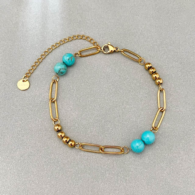 Bohemian vintage turquoise beaded bracelet paper clip chain stainless steel bracelet for women