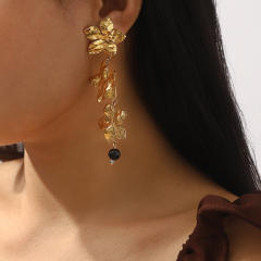 Popular stereo flower stainless steel earrings long earrings