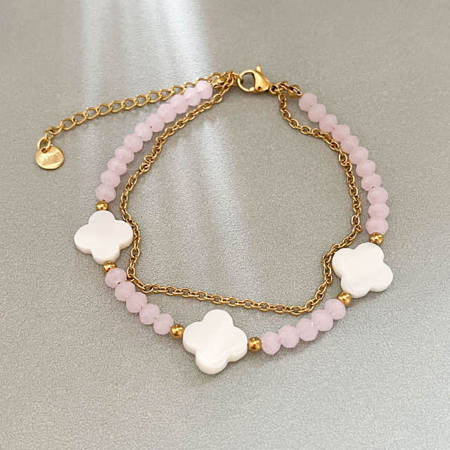 Shell Four-leaf Clover Beaded Bracelet Double-layer Colorful Beads Stainless Steel bracelet for women
