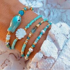 Bohemian Beach Vacation Bracelet Summer Ceramic Fish Shell Rice Bead Bracelet Multi-Layer Stacked Bracelet