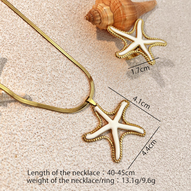 fashion Stainless Steel Shell Starfish Necklace Ring Suit
