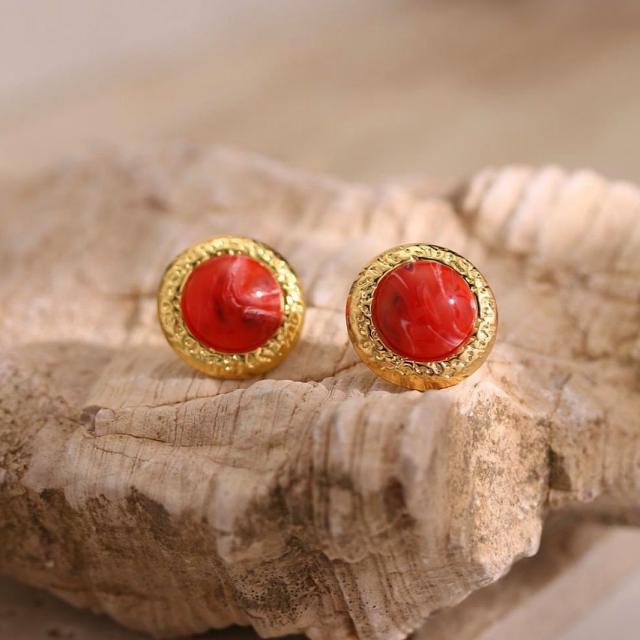 18K plated round shape natural stone bead stainless steel earrings
