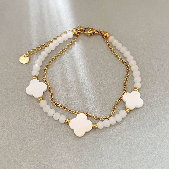 Shell Four-leaf Clover Beaded Bracelet Double-layer Colorful Beads Stainless Steel bracelet for women