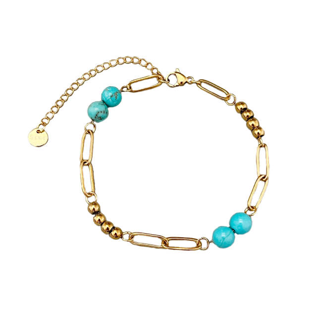 Bohemian vintage turquoise beaded bracelet paper clip chain stainless steel bracelet for women