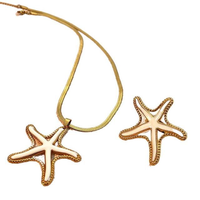 fashion Stainless Steel Shell Starfish Necklace Ring Suit