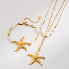 Summer marine series starfish pendant stainless steel necklace bracelet suit