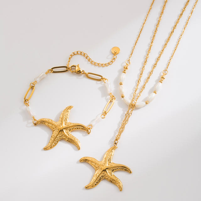 Summer marine series starfish pendant stainless steel necklace bracelet suit