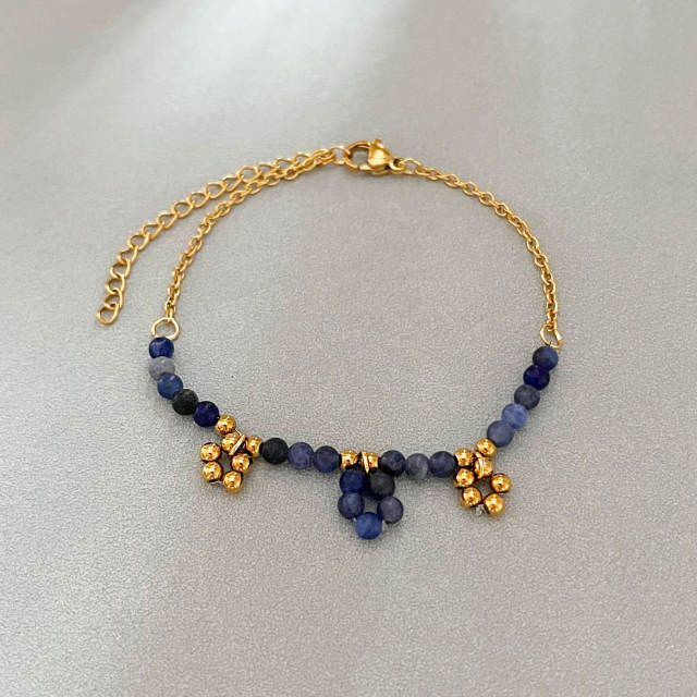 Stainless steel blue striated stone necklace bracelet suit