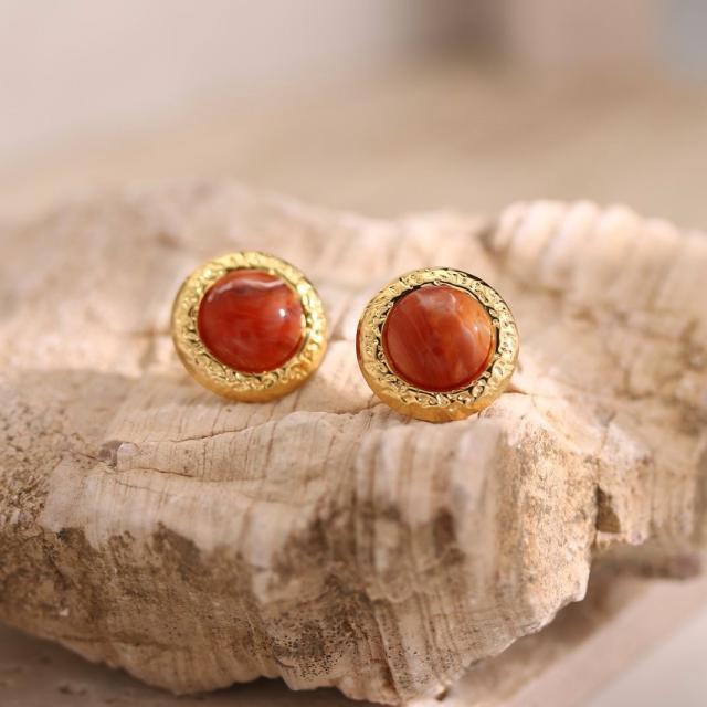18K plated round shape natural stone bead stainless steel earrings