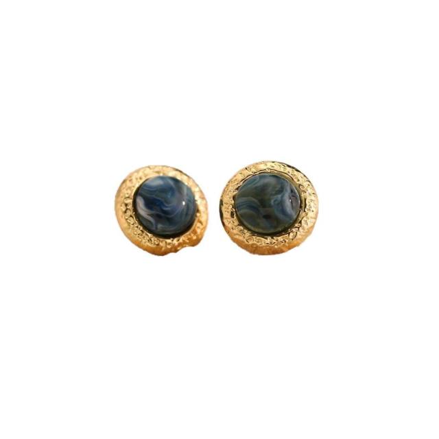 18K plated round shape natural stone bead stainless steel earrings