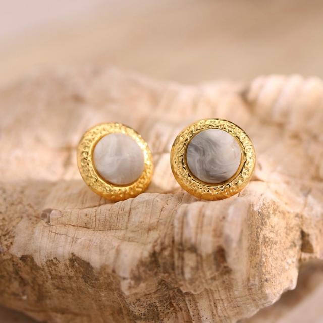 18K plated round shape natural stone bead stainless steel earrings
