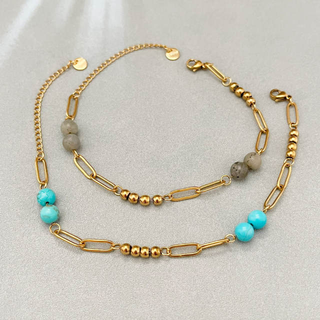 Bohemian vintage turquoise beaded bracelet paper clip chain stainless steel bracelet for women
