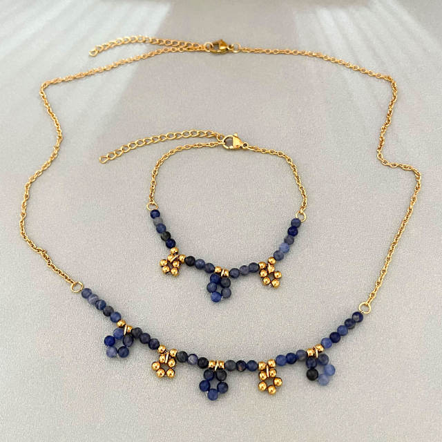 Stainless steel blue striated stone necklace bracelet suit