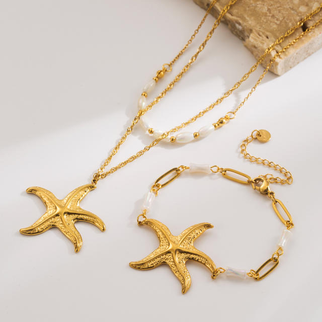Summer marine series starfish pendant stainless steel necklace bracelet suit