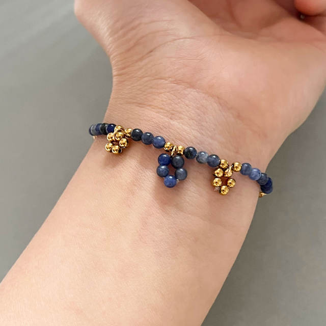 Stainless steel blue striated stone necklace bracelet suit