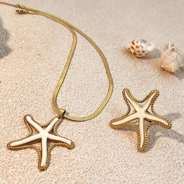fashion Stainless Steel Shell Starfish Necklace Ring Suit