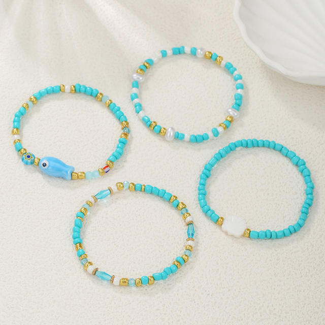 Bohemian Beach Vacation Bracelet Summer Ceramic Fish Shell Rice Bead Bracelet Multi-Layer Stacked Bracelet