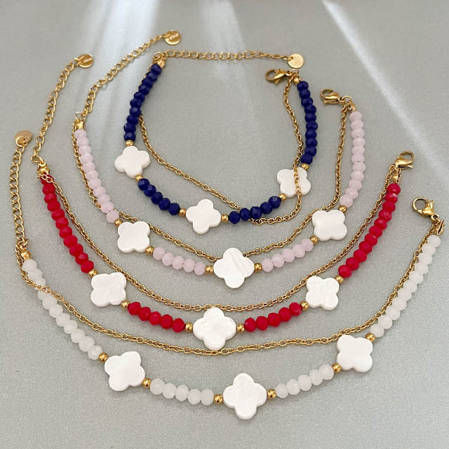 Shell Four-leaf Clover Beaded Bracelet Double-layer Colorful Beads Stainless Steel bracelet for women