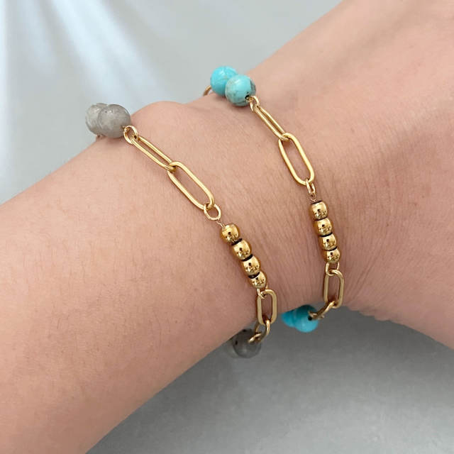Bohemian vintage turquoise beaded bracelet paper clip chain stainless steel bracelet for women