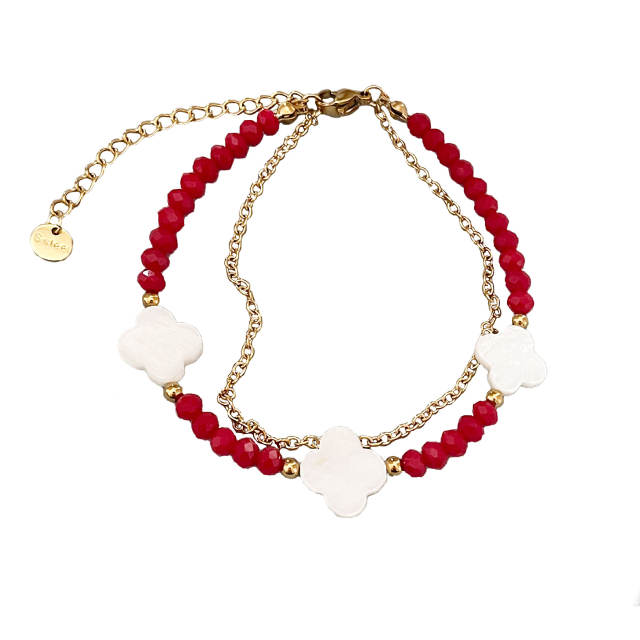 Shell Four-leaf Clover Beaded Bracelet Double-layer Colorful Beads Stainless Steel bracelet for women